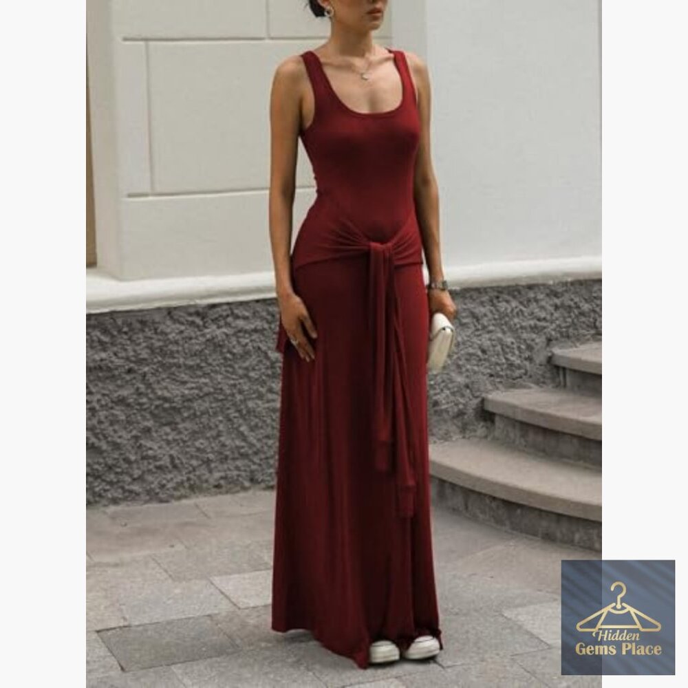 Sleeveless Maxi Wrap Dress Tie Waist Slim Fit Casual Summer Tank - Picture 2 of 7